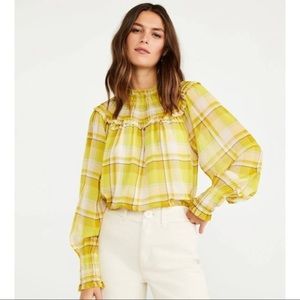Ann Taylor Yellow Plaid Smocked Long Sleeve Ruffle Yoke Blouse-Medium